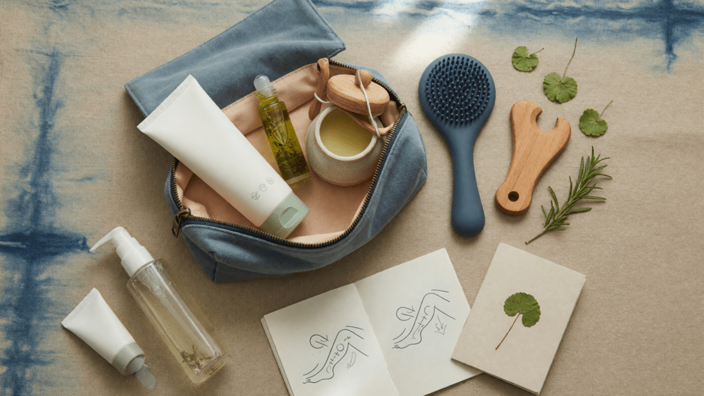 Vue de dessus d’une trousse ouverte contenant plusieurs soins et accessoires de massage du corps sans étiquette, avec un masseur à picots, un outil en bois, des flacons d’huile et un carnet illustré de gestes de massage.