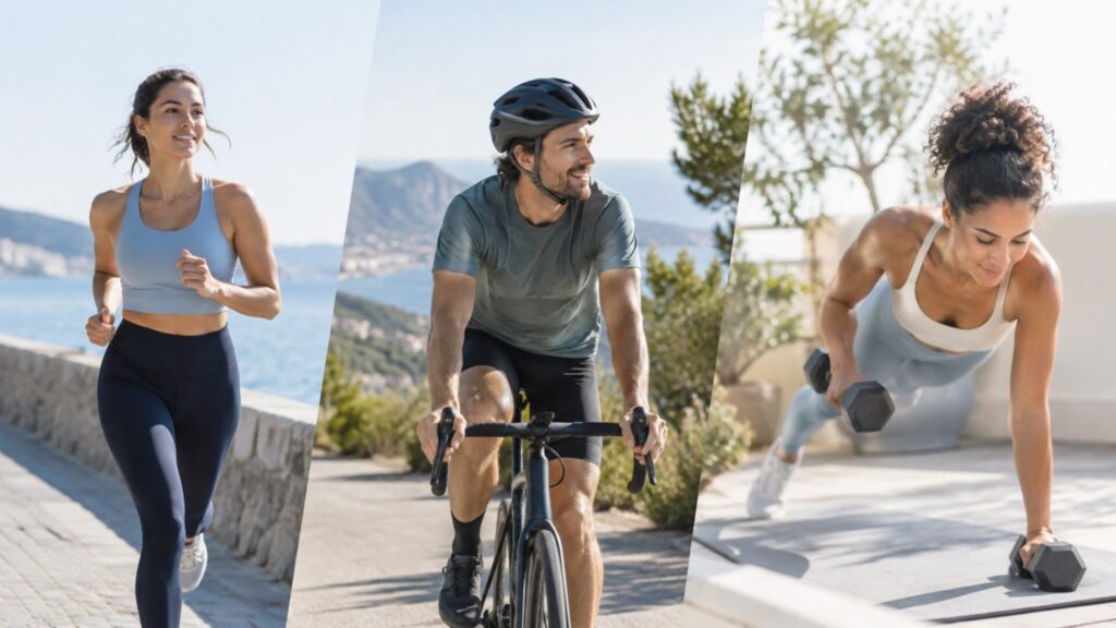 Femme adulte en tenue de sport alternant vélo d’appartement et exercices au sol dans un intérieur bleu et ivoire lumineux