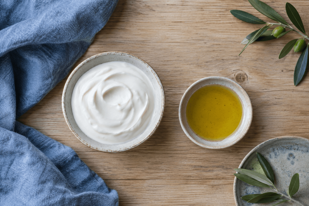 Coupelle de crème et soucoupe d'huile sur une table en bois
