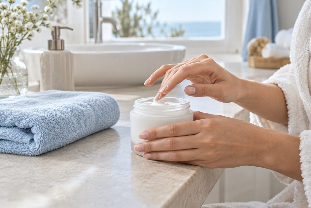 Pot de crème pour le corps ouvert sur une table claire, observé avec attention pour vérifier son odeur et sa texture
