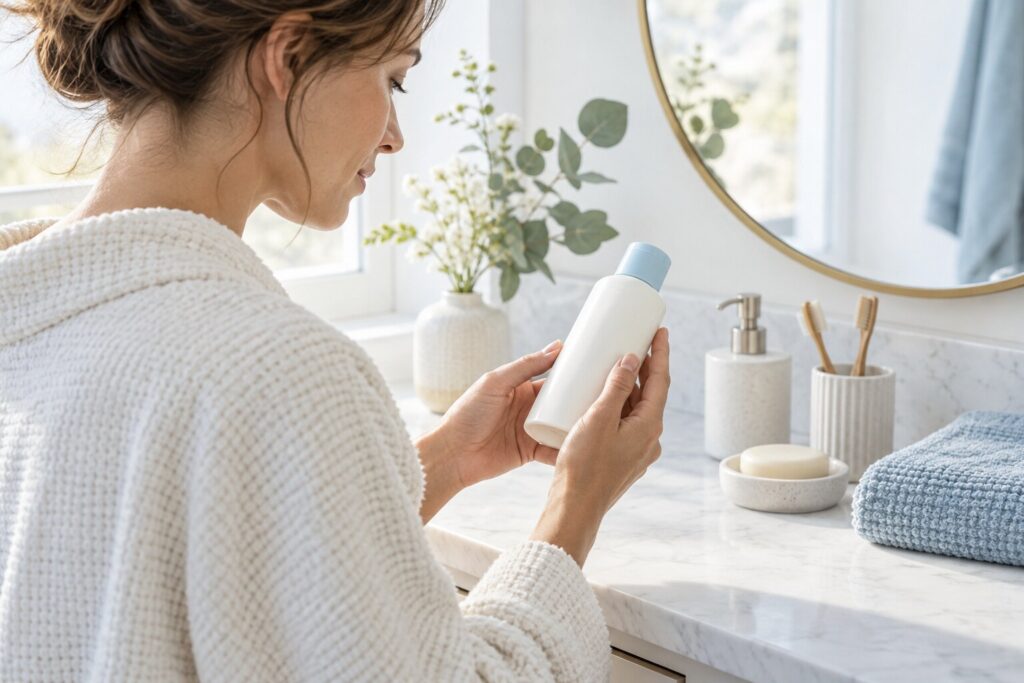 Femme appliquant une crème corporelle sur son bras dans une salle de bain lumineuse