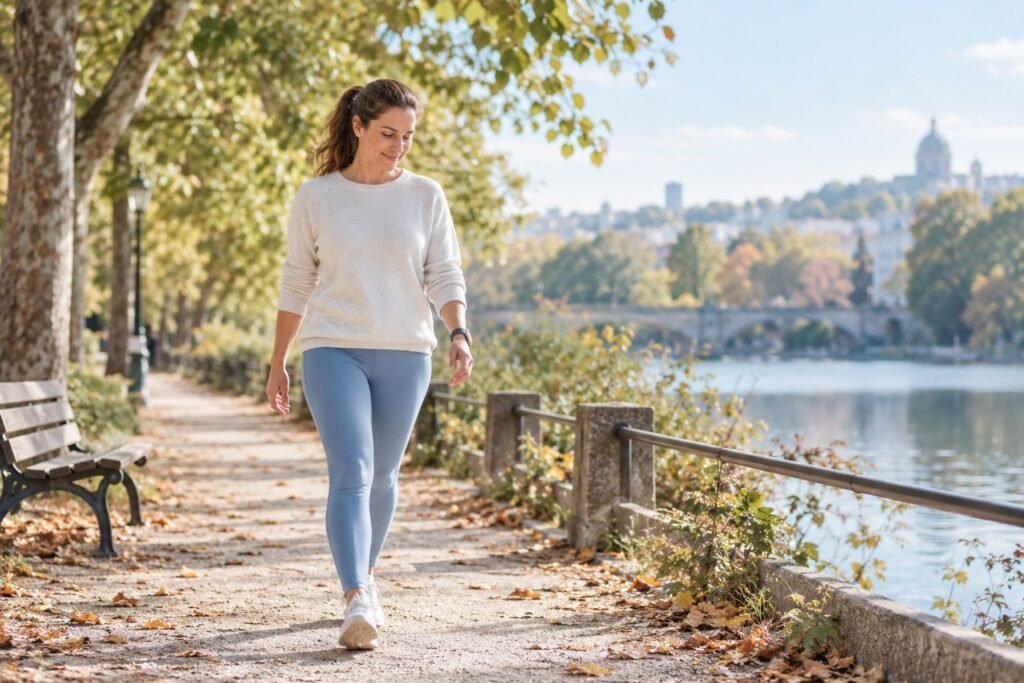 Une femme marche sur un chemin de parc pendant une pause, avec une montre discrète au poignet.