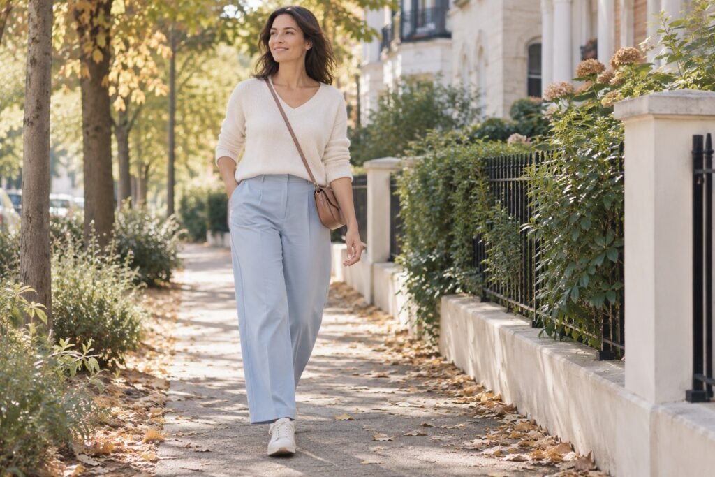 Une femme en tenue quotidienne et baskets marche sur un chemin de quartier bordé d’arbres.