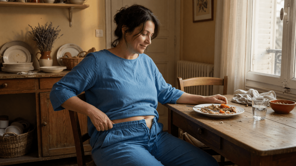 Une femme assise à table après un repas desserre la taille de son pantalon, avec une assiette, un verre d’eau et un bol devant elle dans une salle à manger chaleureuse.