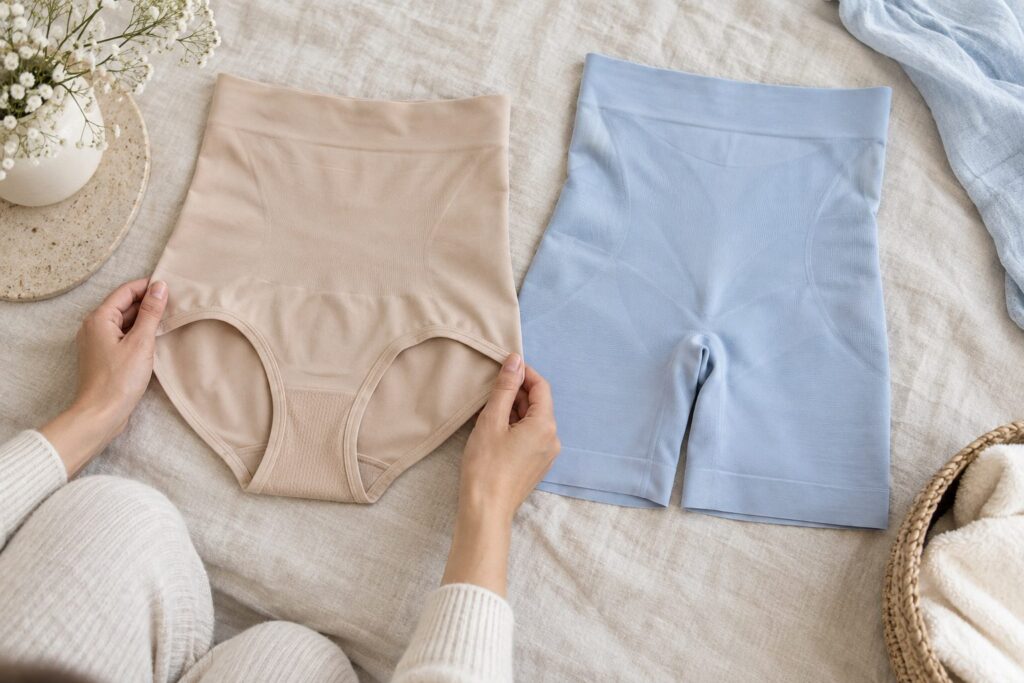 High-waisted tummy shaper and shaping shorts displayed side by side on light-coloured linen.