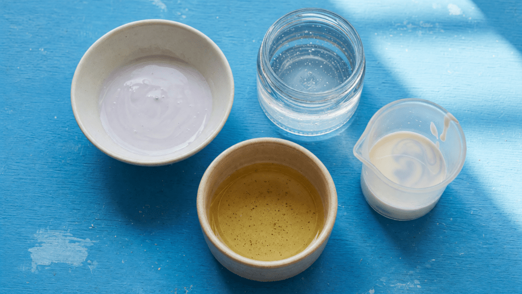 Sur une table en bois bleu, deux bols en céramique, un pot en verre et un bécher contiennent une matière crémeuse pâle, un gel transparent, un liquide doré et une émulsion blanche.