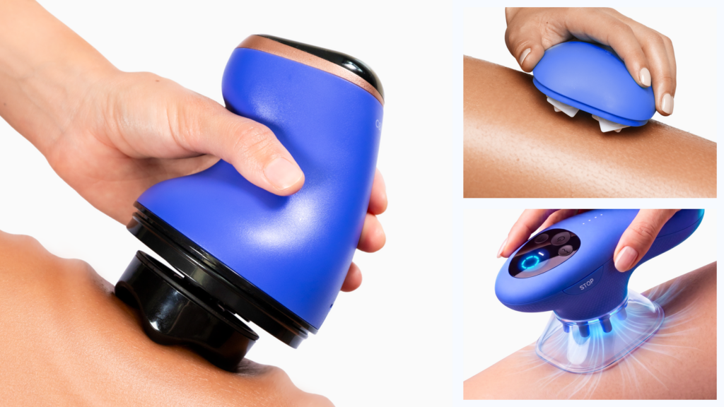 Trois masseurs Cellublue utilisés sur la peau : appareil rotatif, masseur manuel à picots et ventouse électrique.