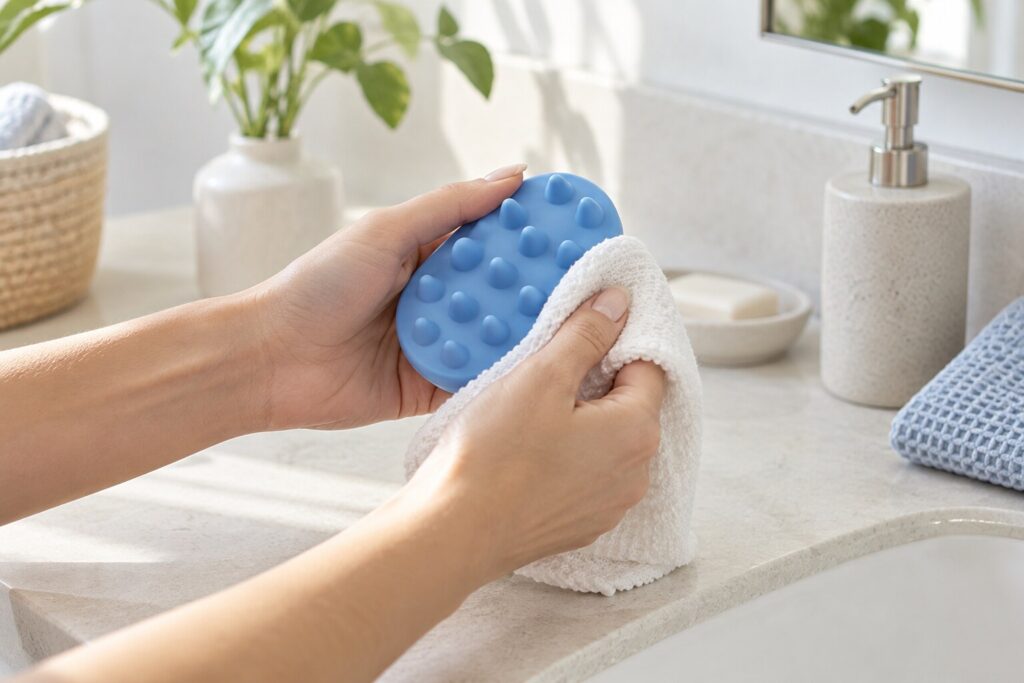 Homme réalisant un massage de l’avant-bras pileux avec une huile de soin dans une salle de bains lumineuse