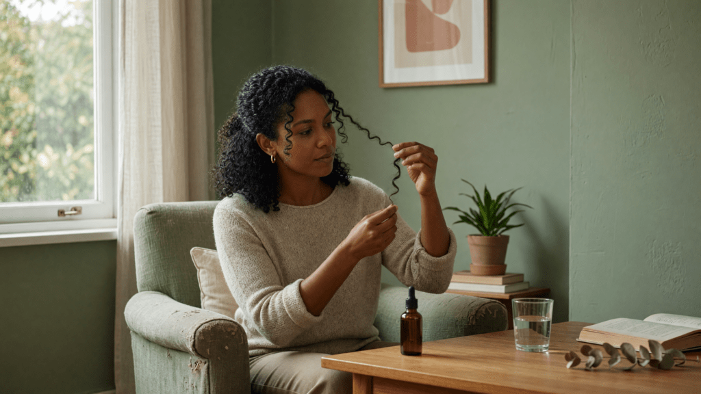 Une femme aux cheveux bouclés tient une mèche entre ses mains, assise près d’une fenêtre, avec un flacon ambré à pipette sans étiquette sur la table.