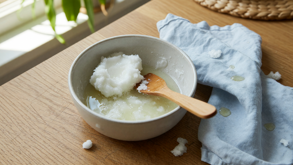 Huile de coco blanche partiellement fondue dans un bol en céramique avec une spatule en bois, sur une table près d’un tissu bleu.
