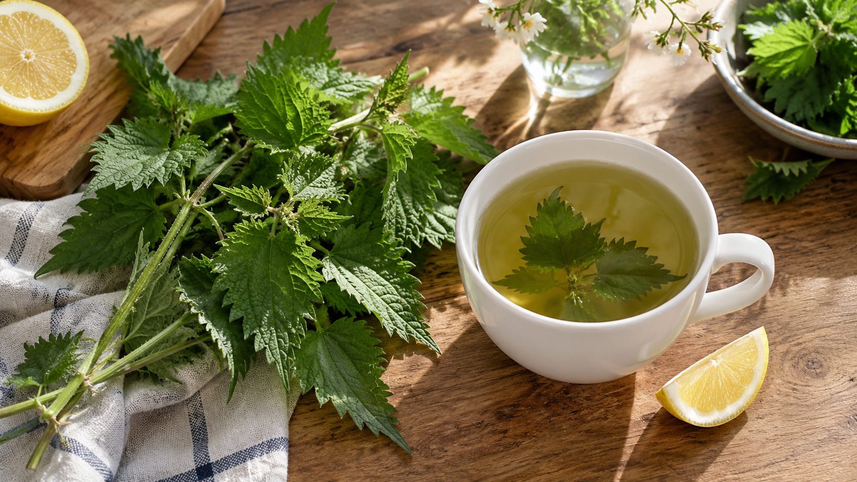 Une tasse d'infusion et des feuilles d'ortie fraîches sur une table en bois.