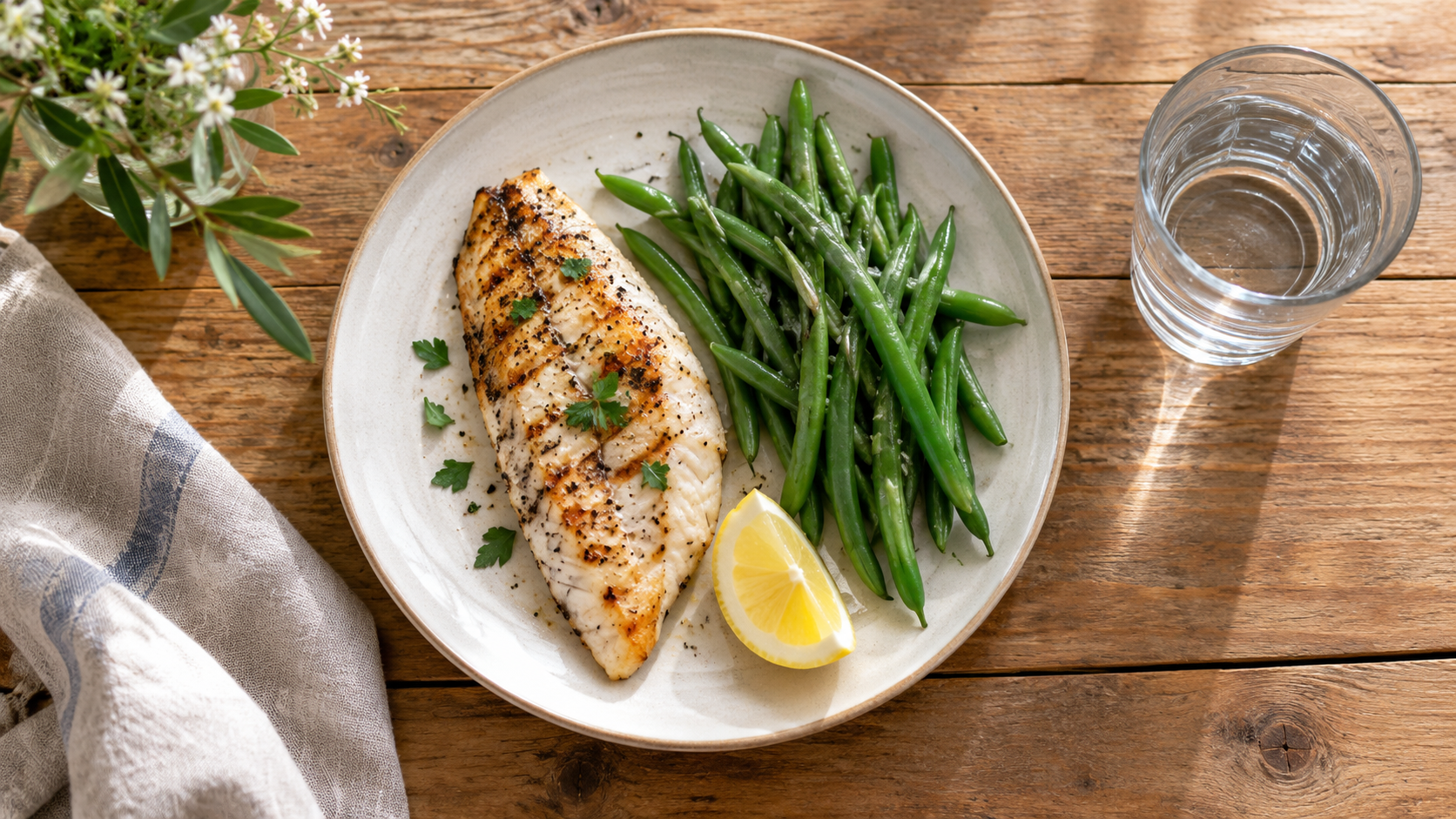 Une assiette de poisson grillé, de haricots verts et de citron, avec un verre d'eau.