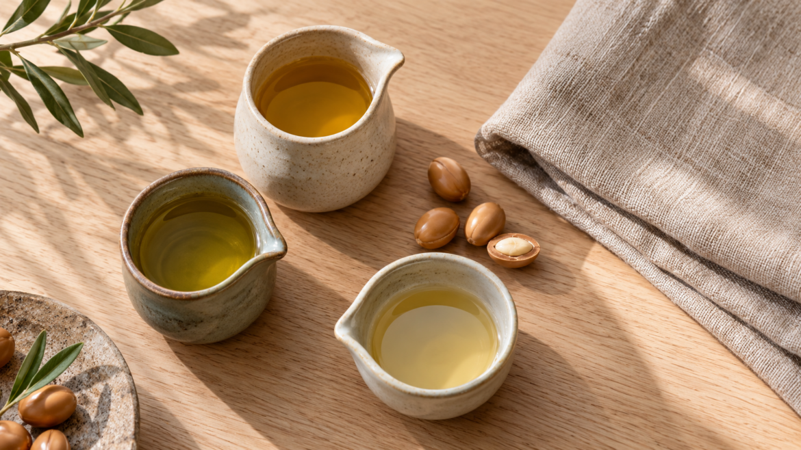 Tres jarras de cerámica con aceite, unos frutos secos y una tela de lino beige sobre una mesa de madera.