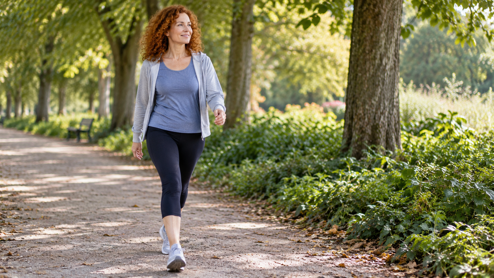 Une femme en tenue de sport marche sur un chemin ombragé, sous de grands arbres.
