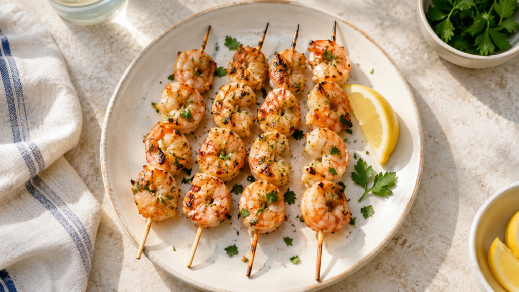 Quatre brochettes de crevettes grillées, avec un quartier de citron.