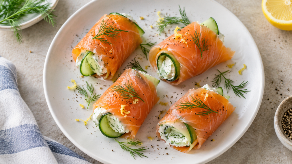 Quatre roulés de saumon au concombre et à l’aneth.