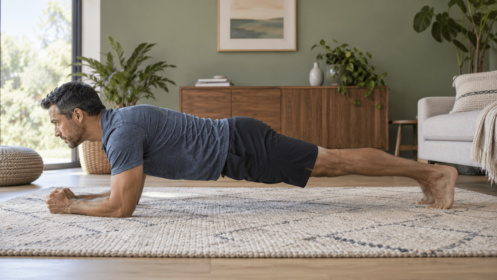 Homme en planche sur les avant-bras, dans un salon.