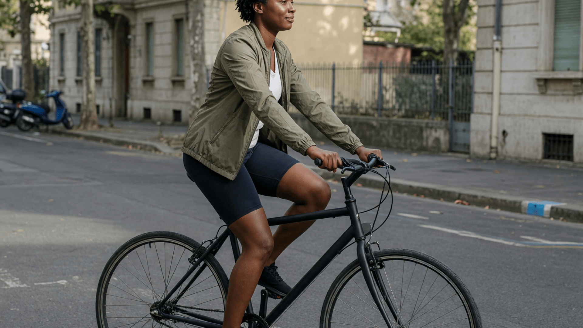 Femme à vélo dans une rue, en veste et en short.