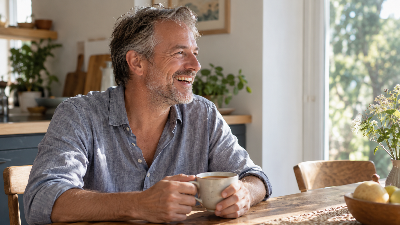 Homme qui rit à table, une tasse à la main.