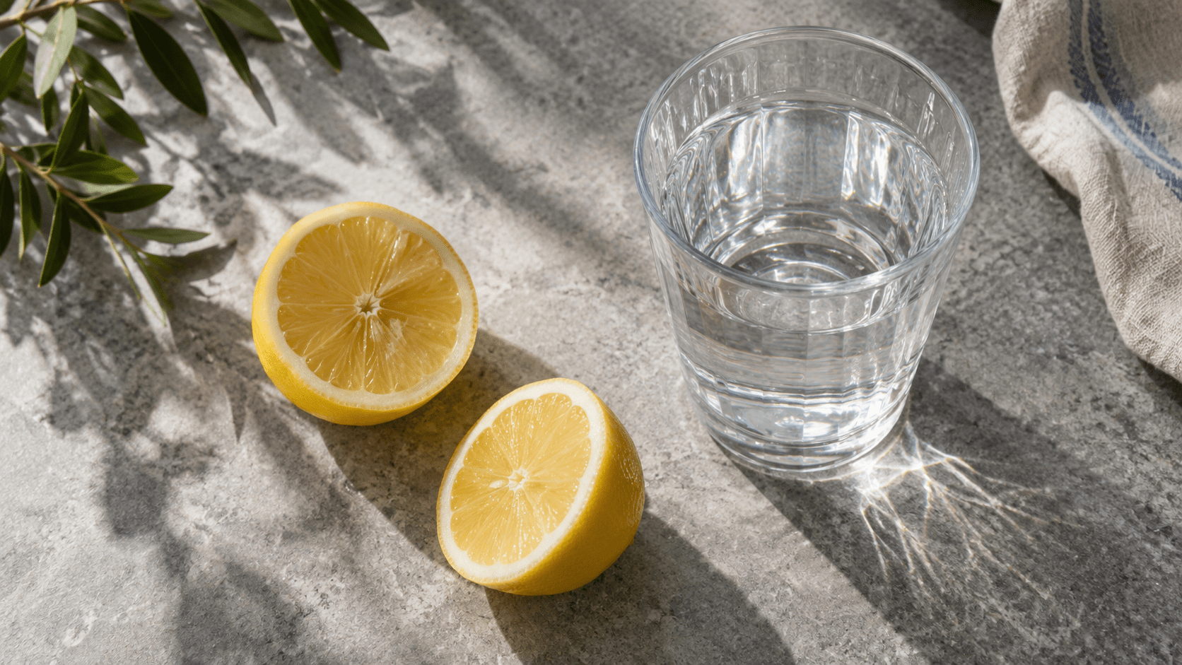 Deux moitiés de citron et un verre d’eau, sur une pierre.