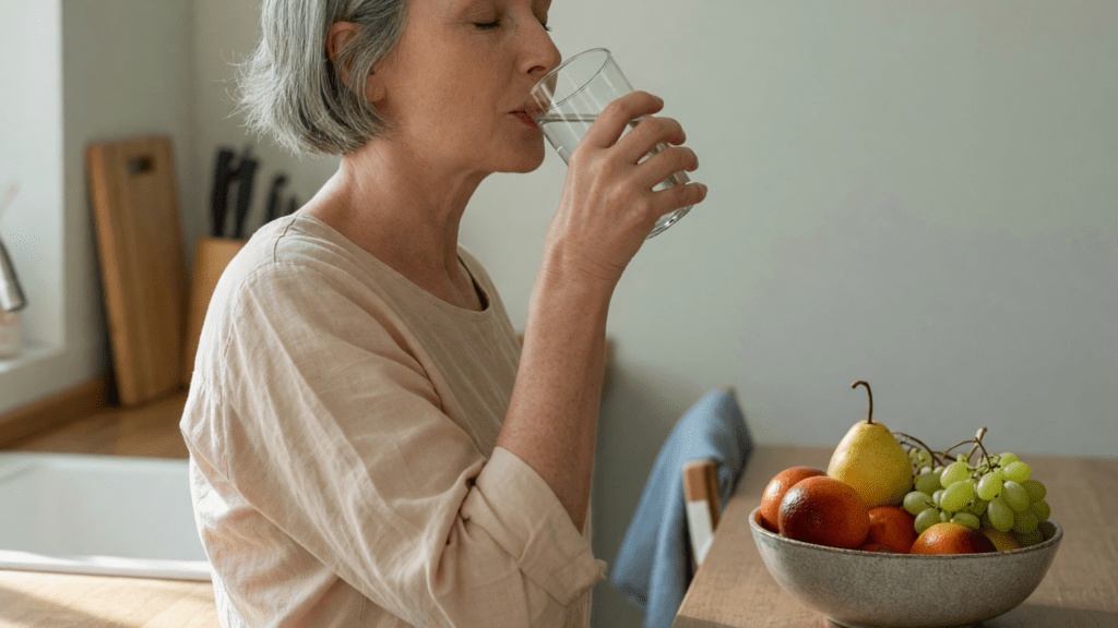 Une femme aux cheveux gris boit un verre d'eau dans sa cuisine, près d'une coupe de fruits.