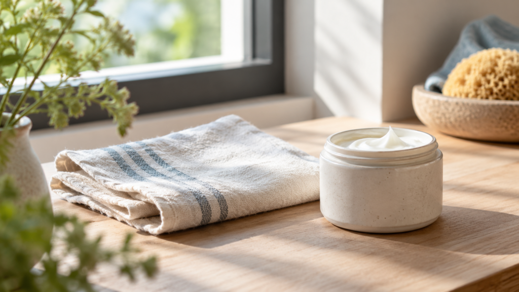Un pot de crème sans marque et un linge plié sont posés sur une table en bois, près d'une fenêtre.