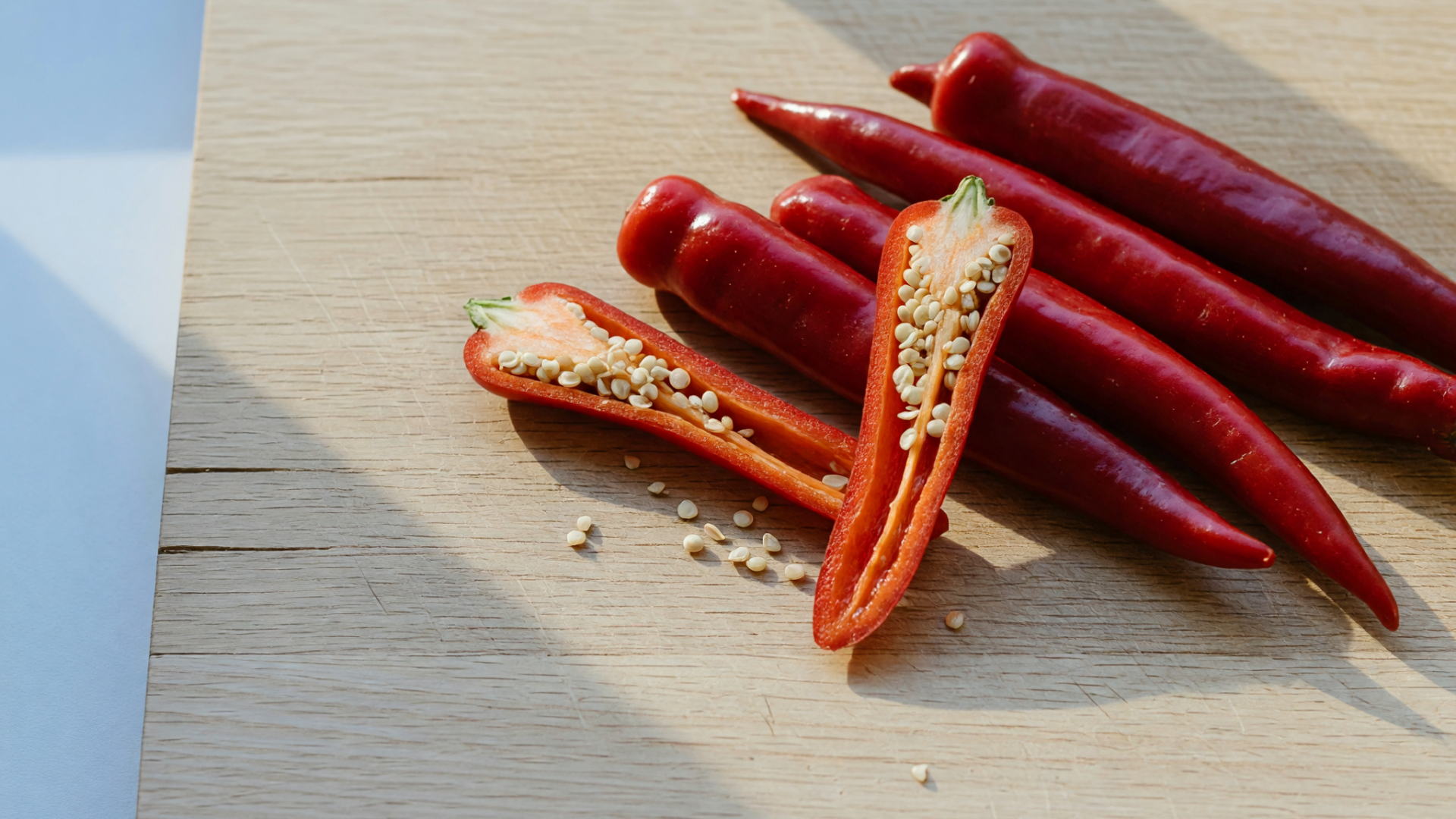 Des piments de Cayenne sur une planche, dont deux ouverts.