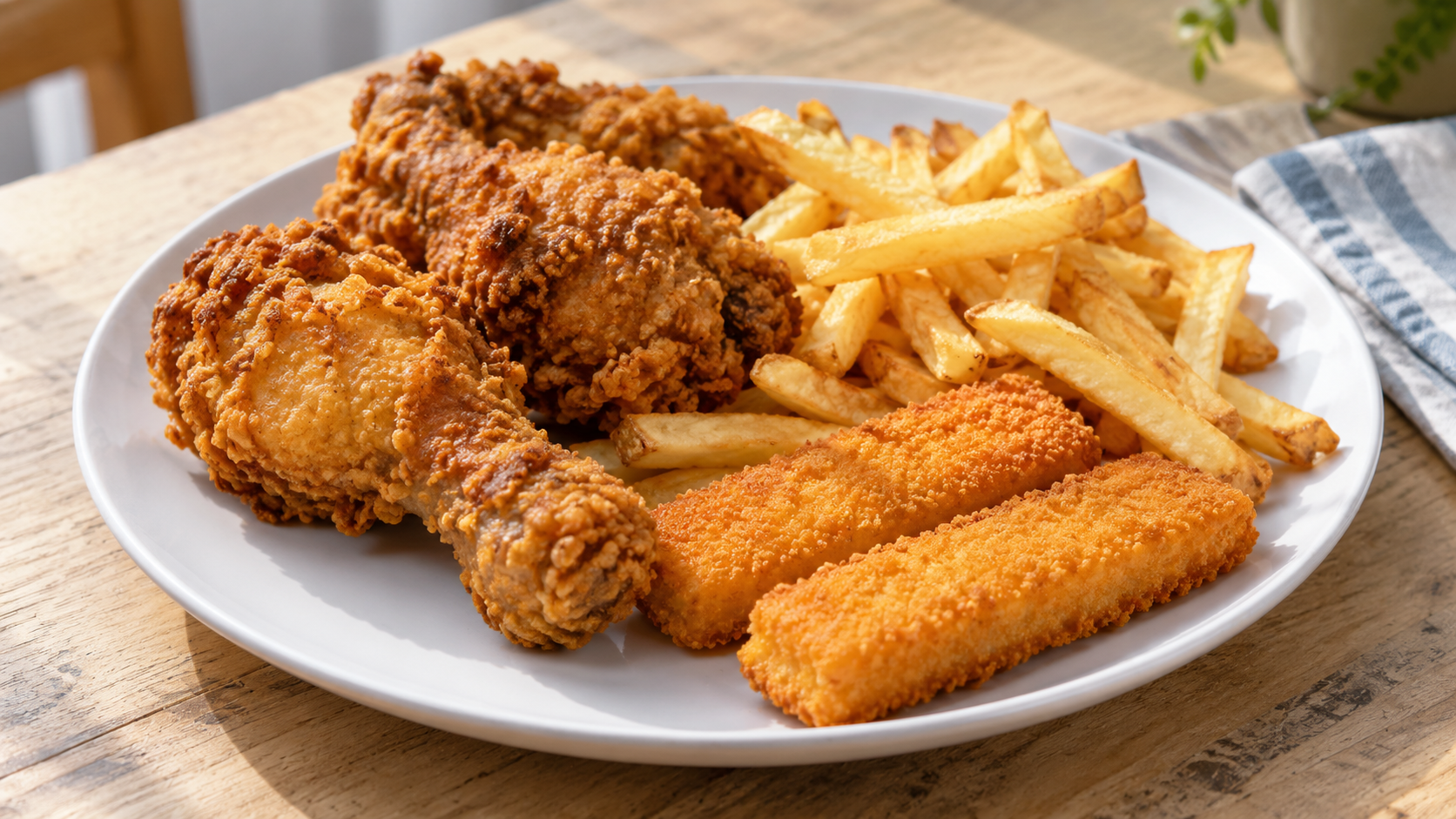 Une assiette de poulet frit, de frites et de deux bâtonnets de poisson pané.