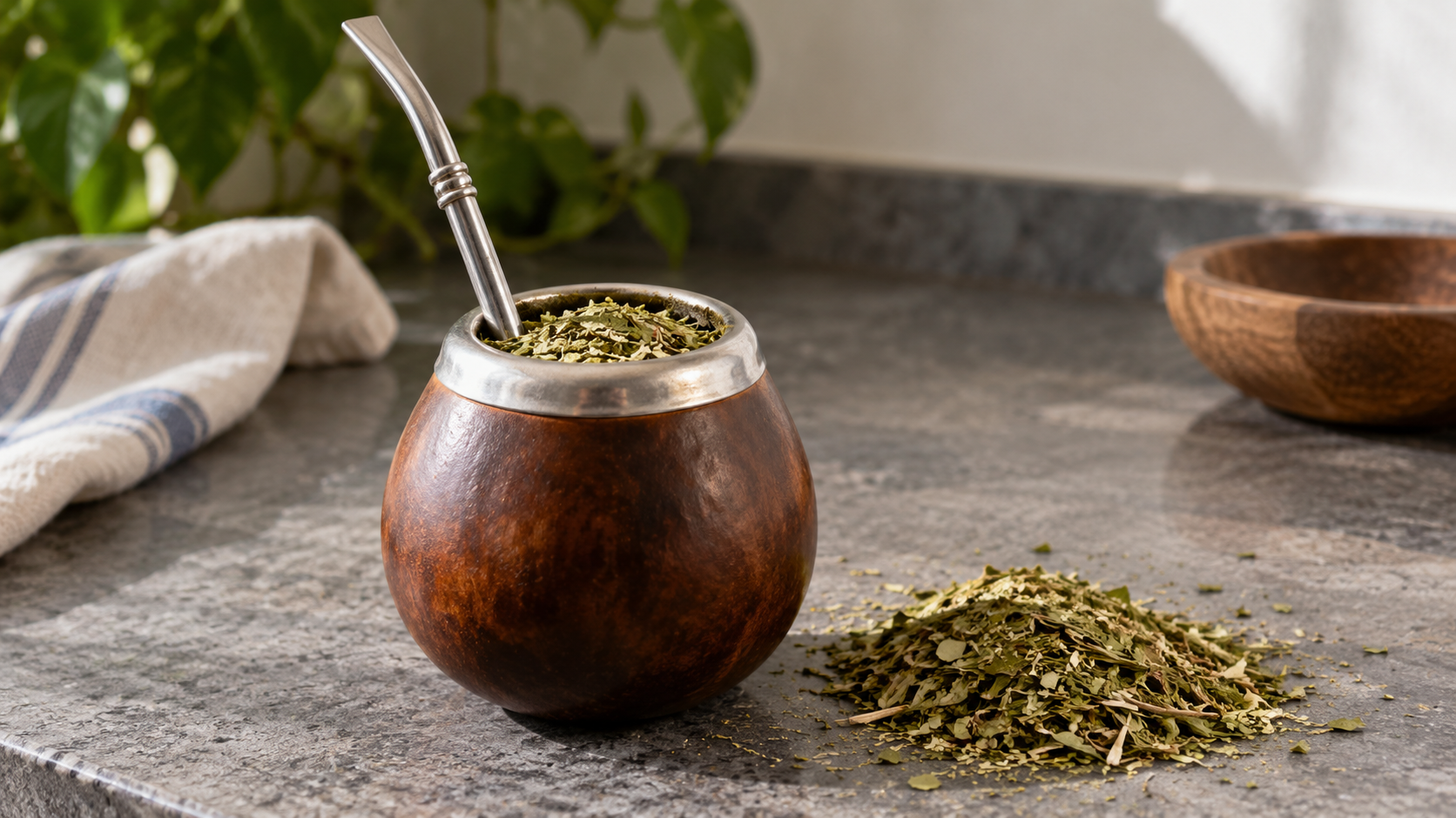 Une calebasse de maté avec sa bombilla, et un tas de feuilles séchées.