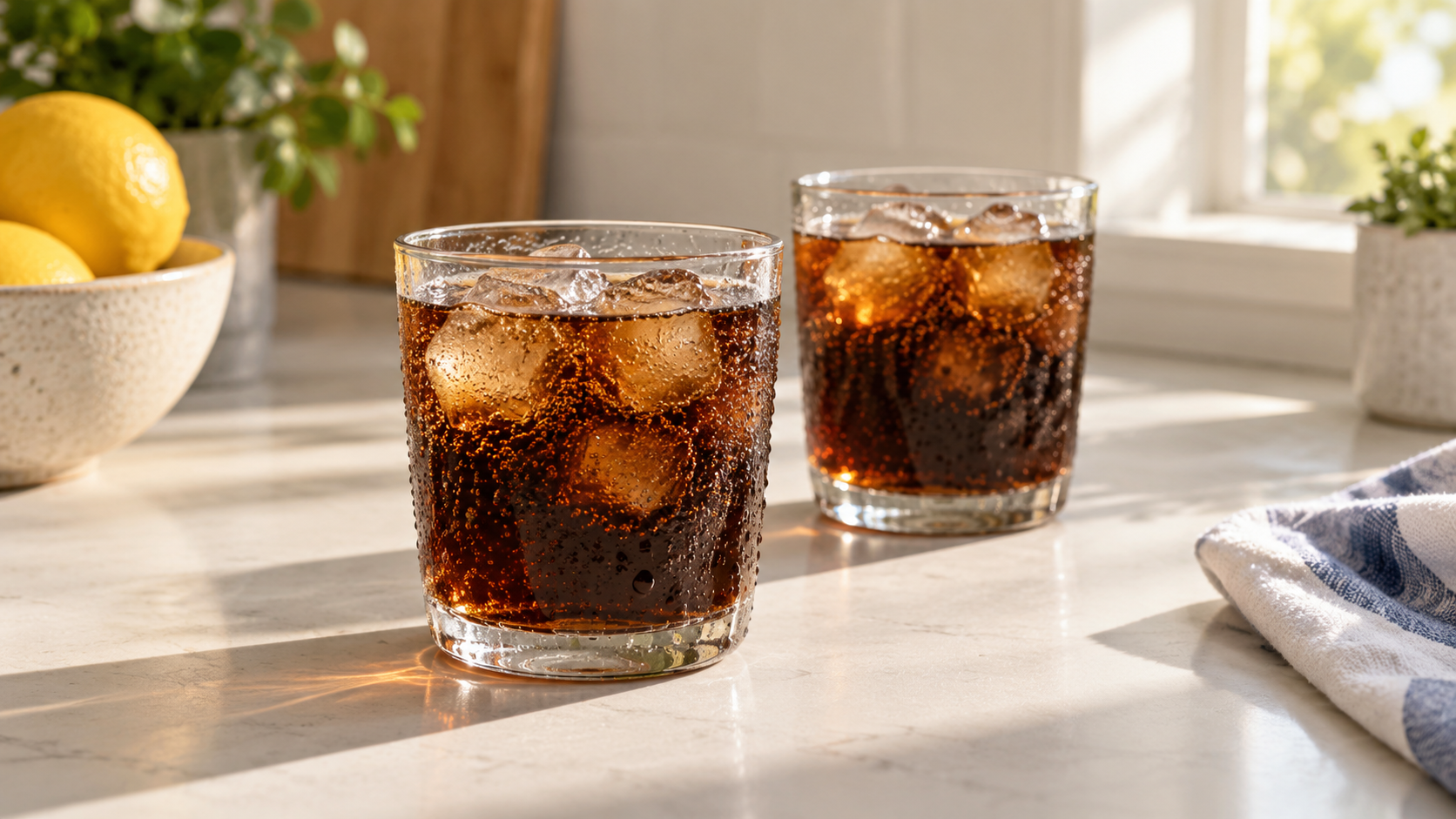 Deux verres d’une boisson gazeuse sombre, avec des glaçons.