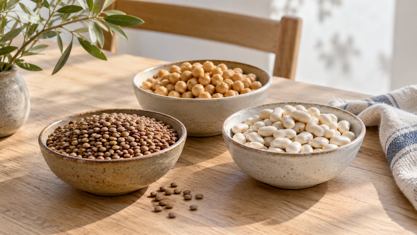 Trois bols de lentilles, de pois chiches et de haricots blancs secs.