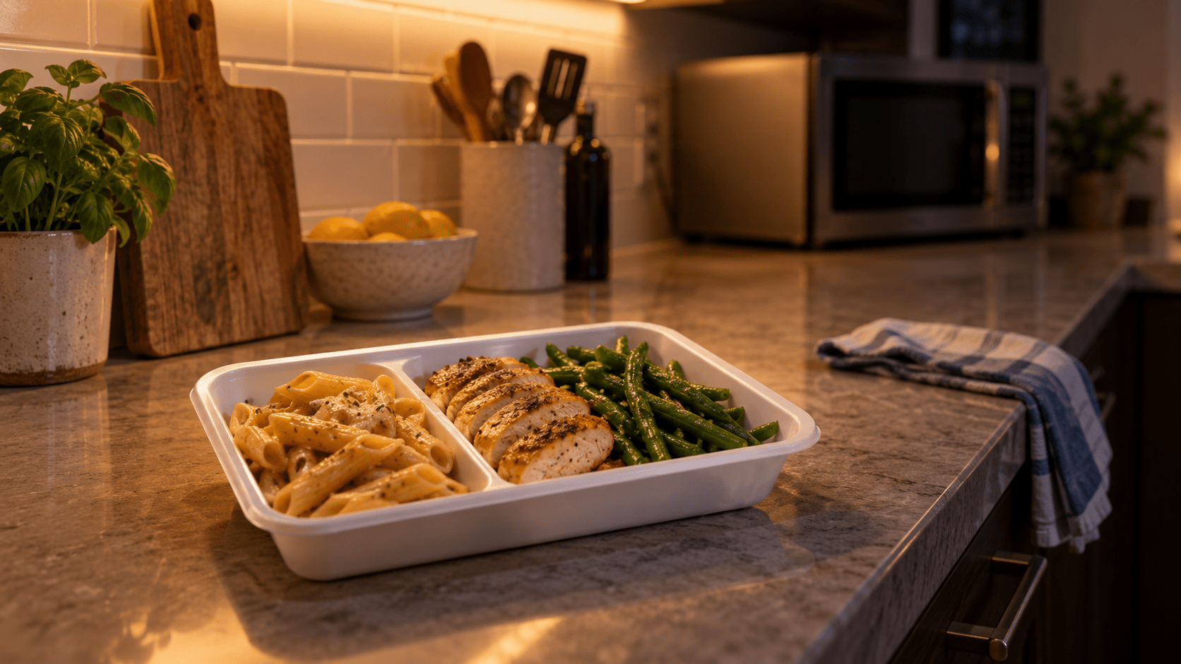 Un plateau repas compartimenté, avec des pâtes, du poulet et des asperges, posé le soir près d’un micro-ondes.