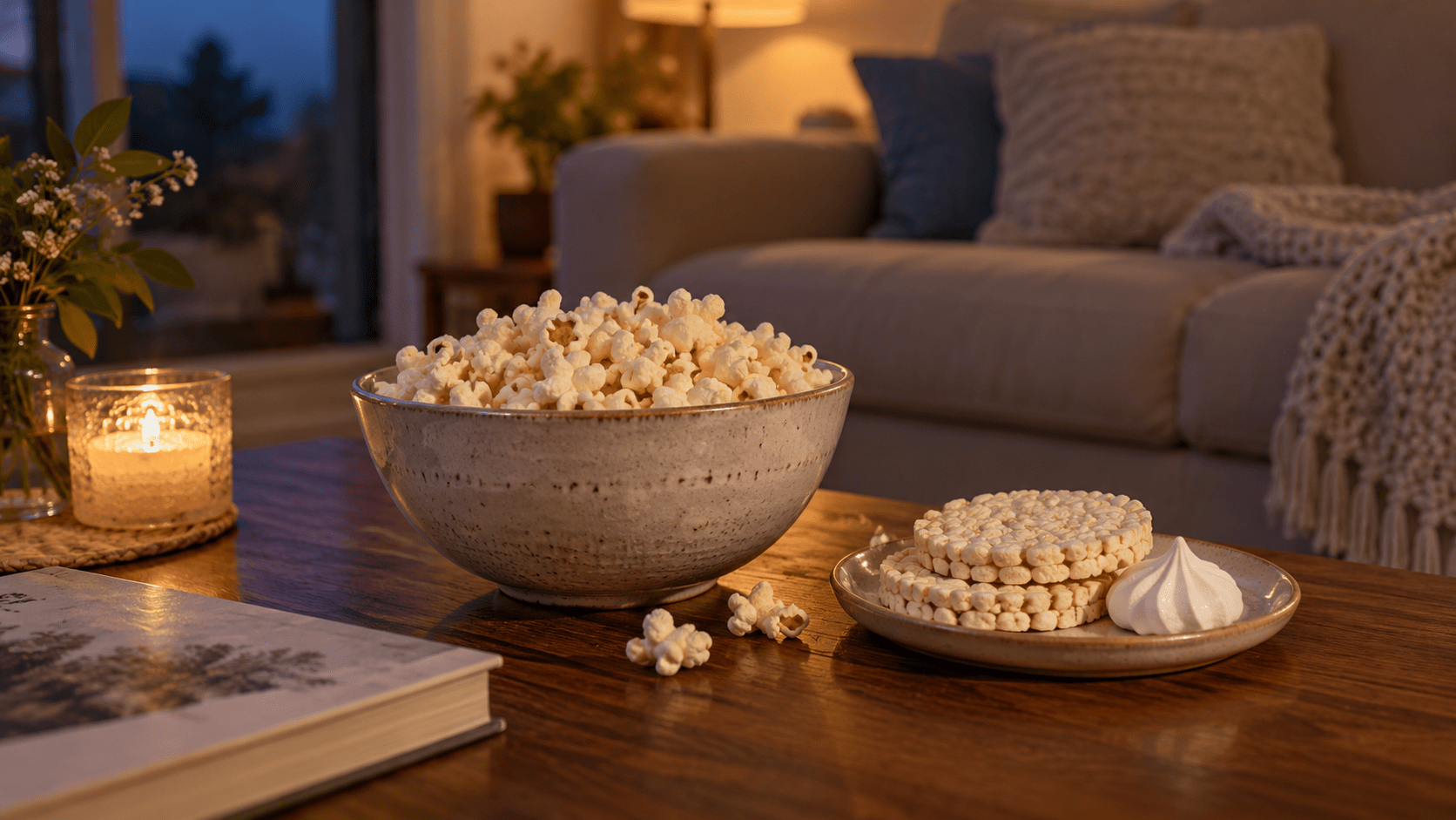 Un bol de pop-corn, des galettes de riz et une meringue, sur une table basse.