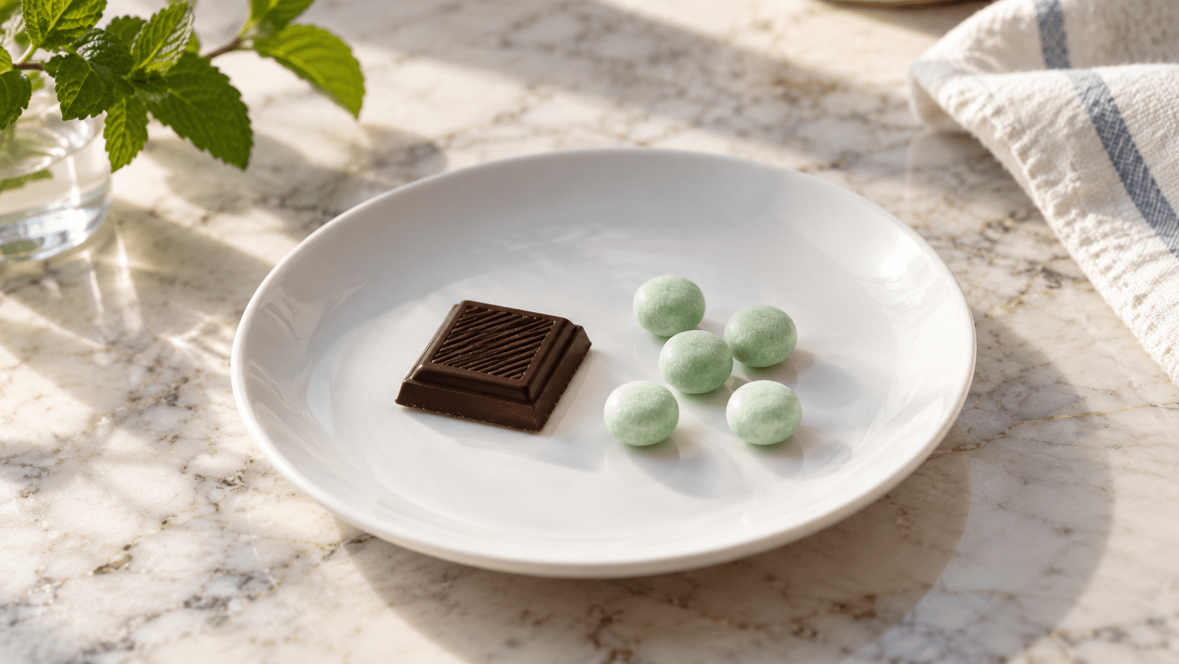 Un carré de chocolat noir et cinq bonbons ronds vert pâle, sur une assiette.