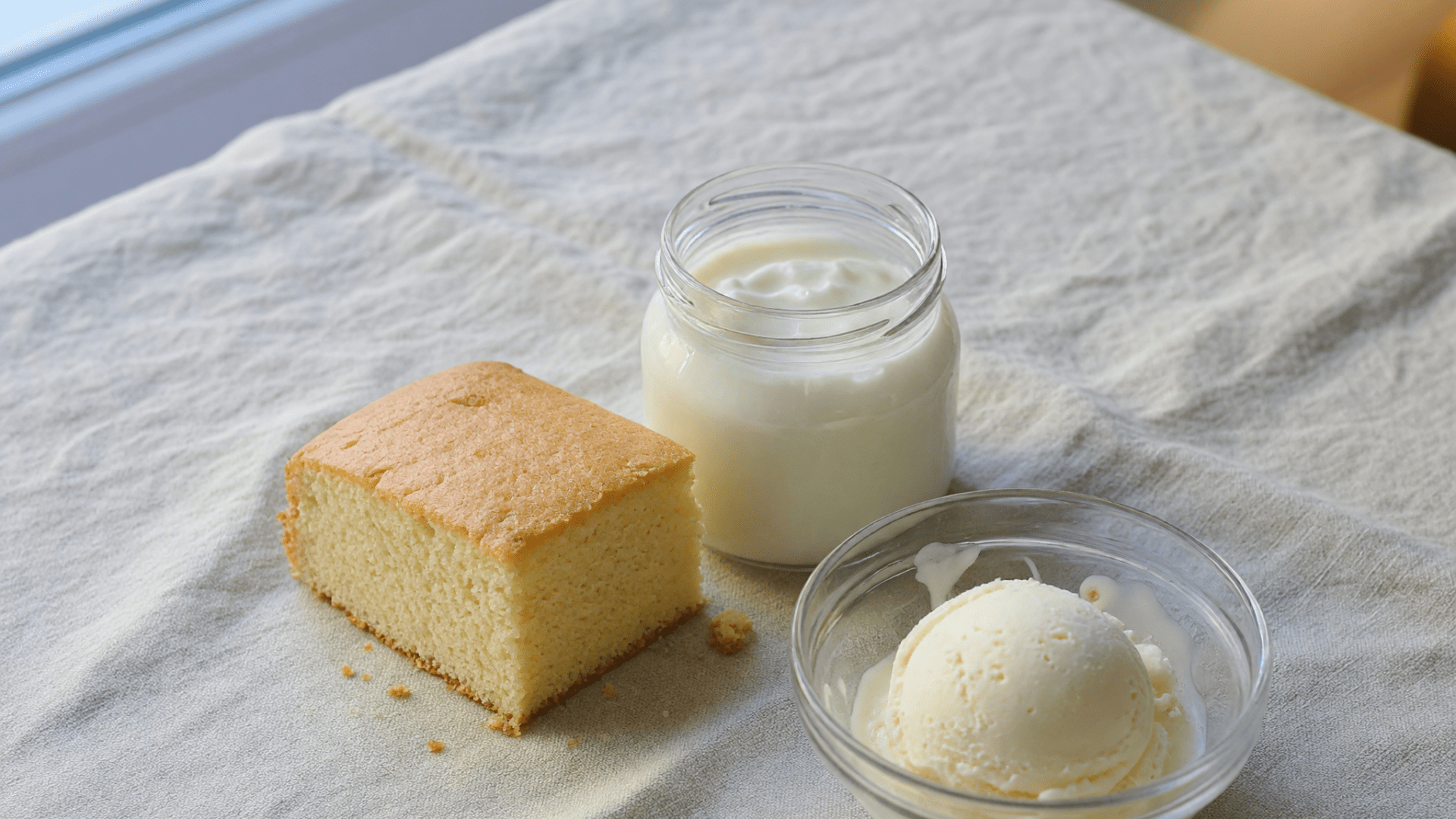 Une part de gâteau, une boule de glace et un yaourt dans un pot en verre.