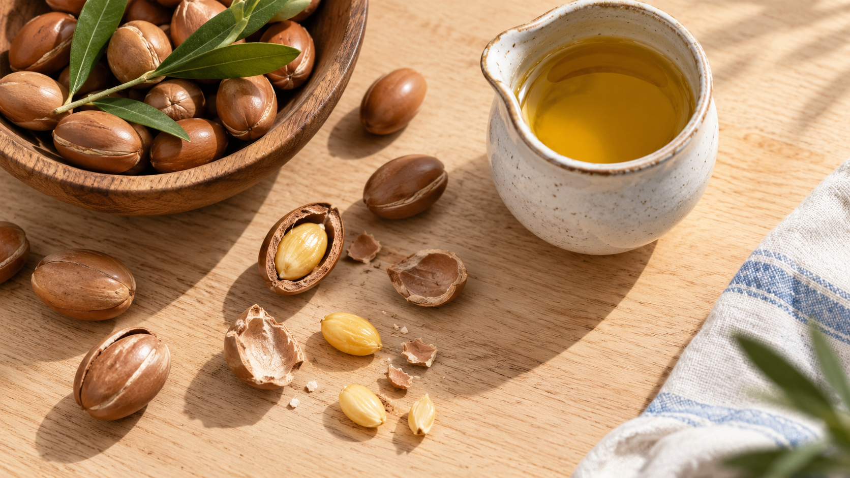 Des noix d'argan, quelques-unes ouvertes, et un petit pichet d'huile sur une table en bois.