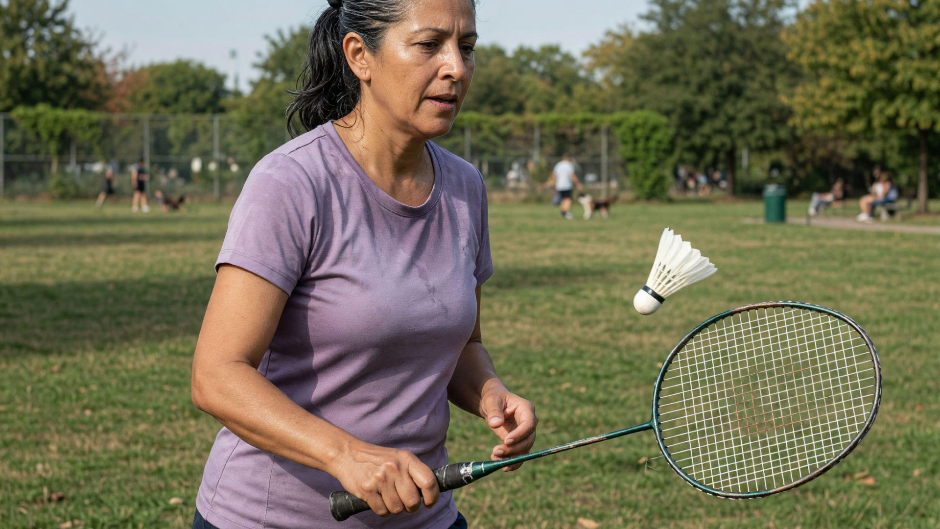 Une femme aux cheveux gris joue au badminton dans un parc, le volant en l'air devant la raquette.