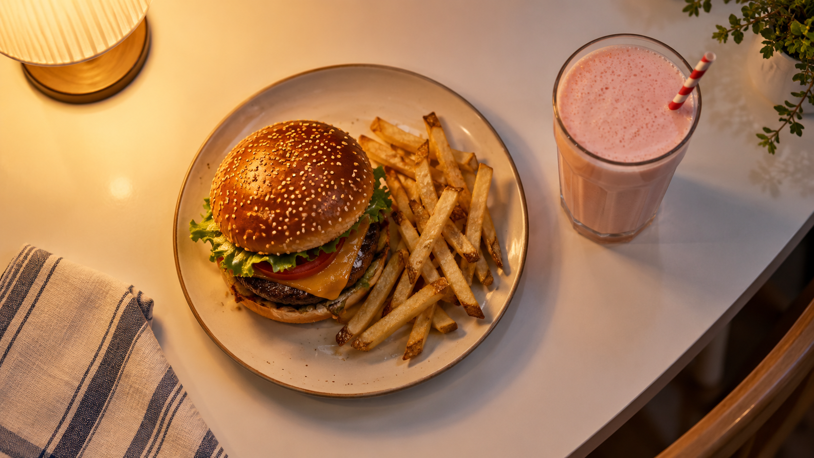 Un burger, des frites et un milk-shake rose, vus d'en haut sur une table.