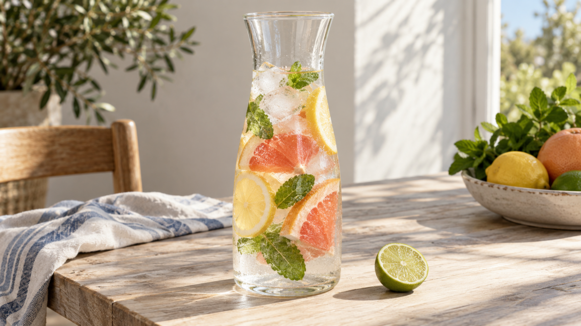 Szklana karafka wody z grejpfrutem, cytryną, miętą i lodem, na drewnianym stole, obok połówki limonki.