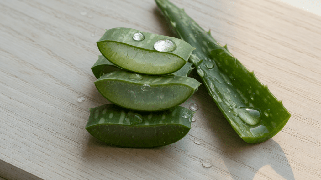 Trois tranches d'aloe vera et une feuille coupée, avec des gouttes d'eau, sur une planche claire.