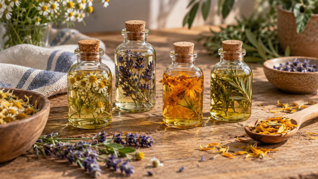 Quatre flacons de verre bouchés, des fleurs qui macèrent dans l'huile, sur une table en bois.