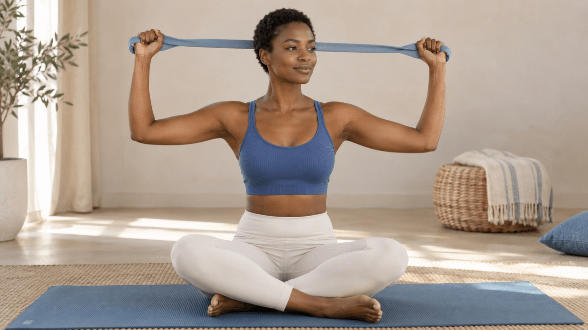 Sitting cross-legged on a mat, a woman pulls apart a resistance band behind her head with her elbows bent.
