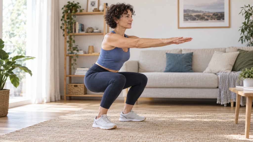 Femme en tenue de sport effectuant un squat dans un salon lumineux, les bras tendus devant elle.
