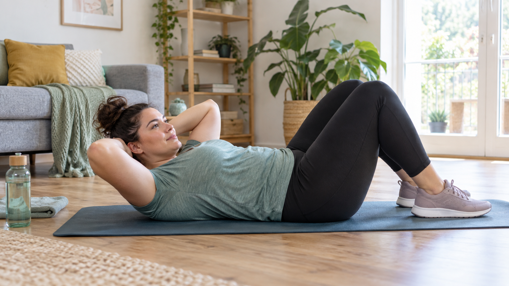 Femme réalisant un exercice abdominal doux sur un tapis de sport