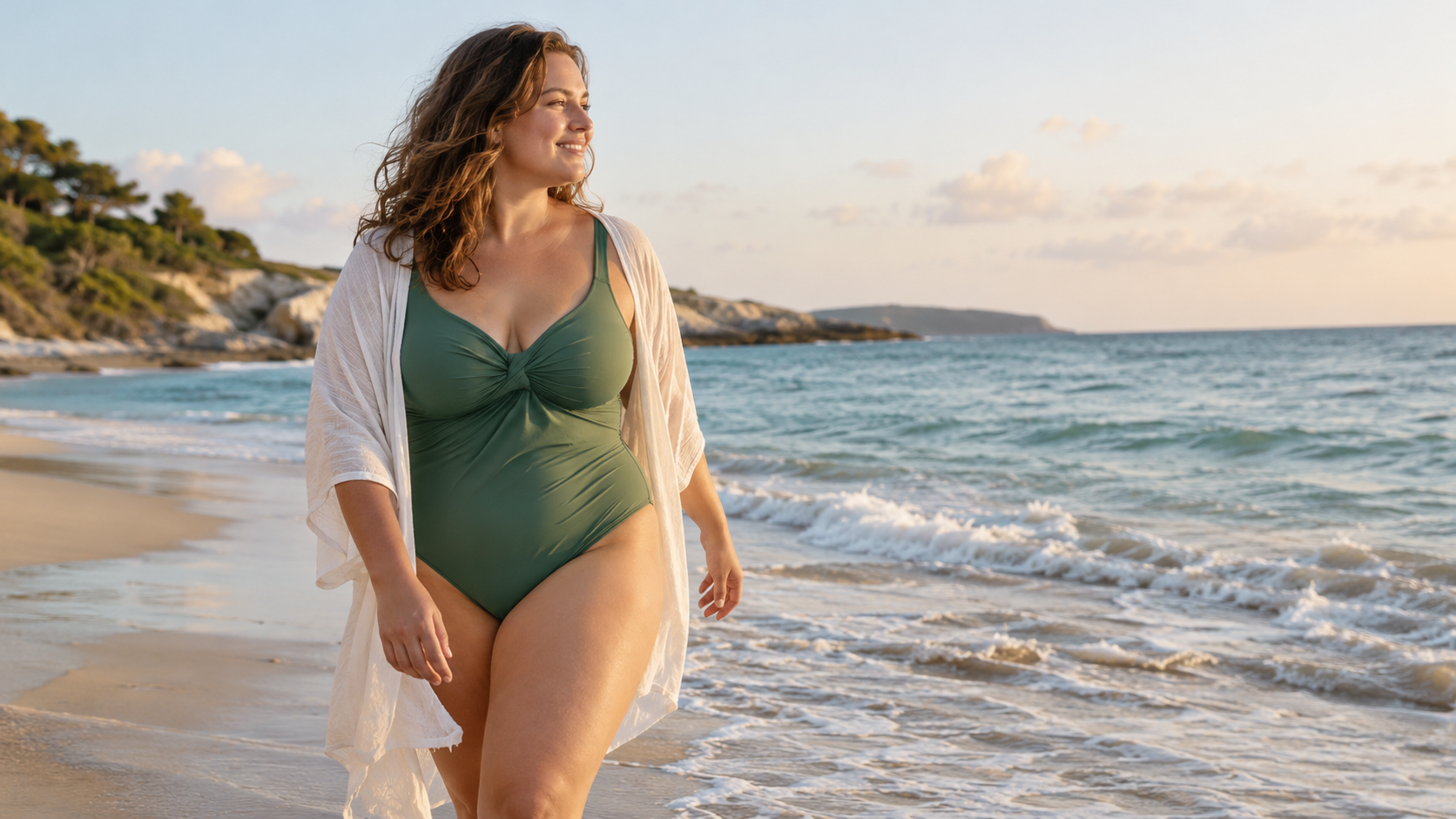 Femme en maillot de bain marchant sur une plage