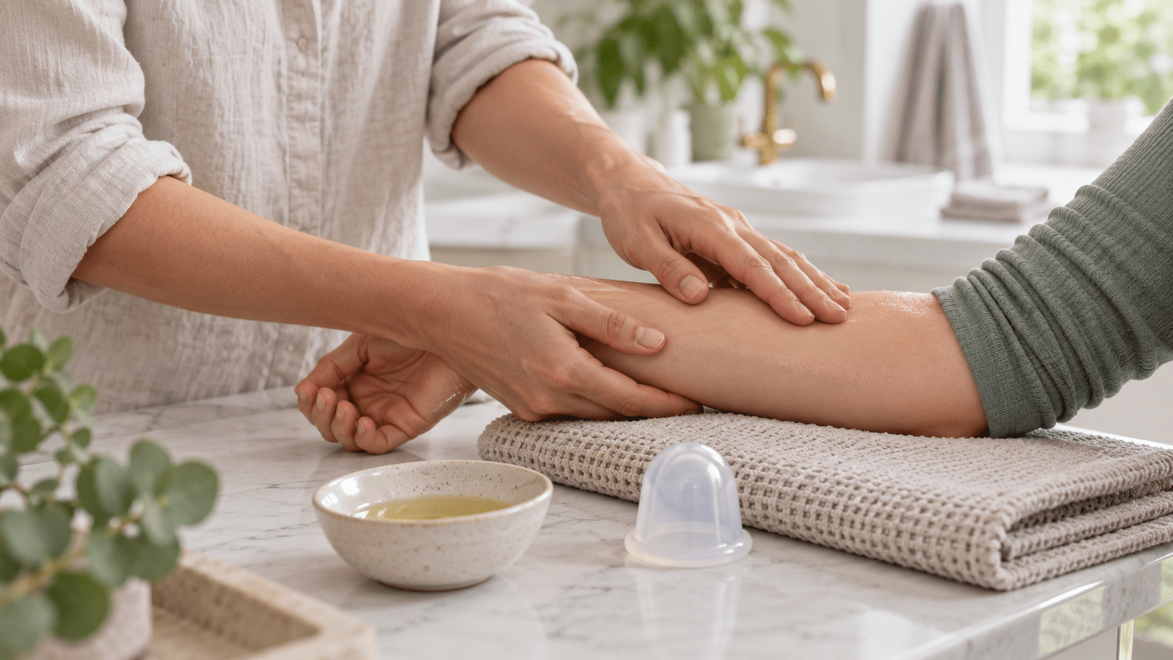 Mains appliquant une huile neutre sur un avant-bras pendant un rituel de massage