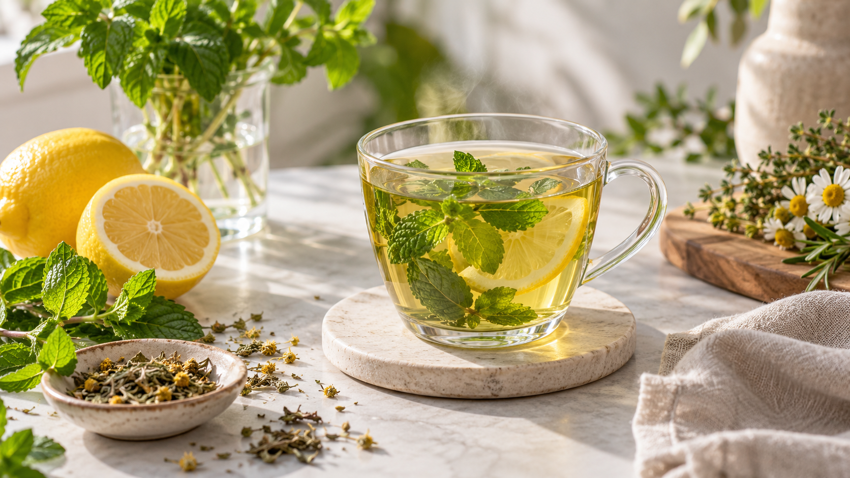 Infusion de plantes avec menthe et citron