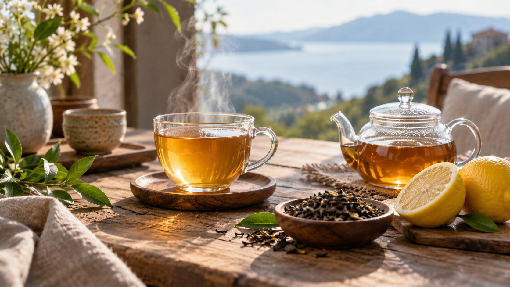 Tasse de thé avec citron et feuilles de thé
