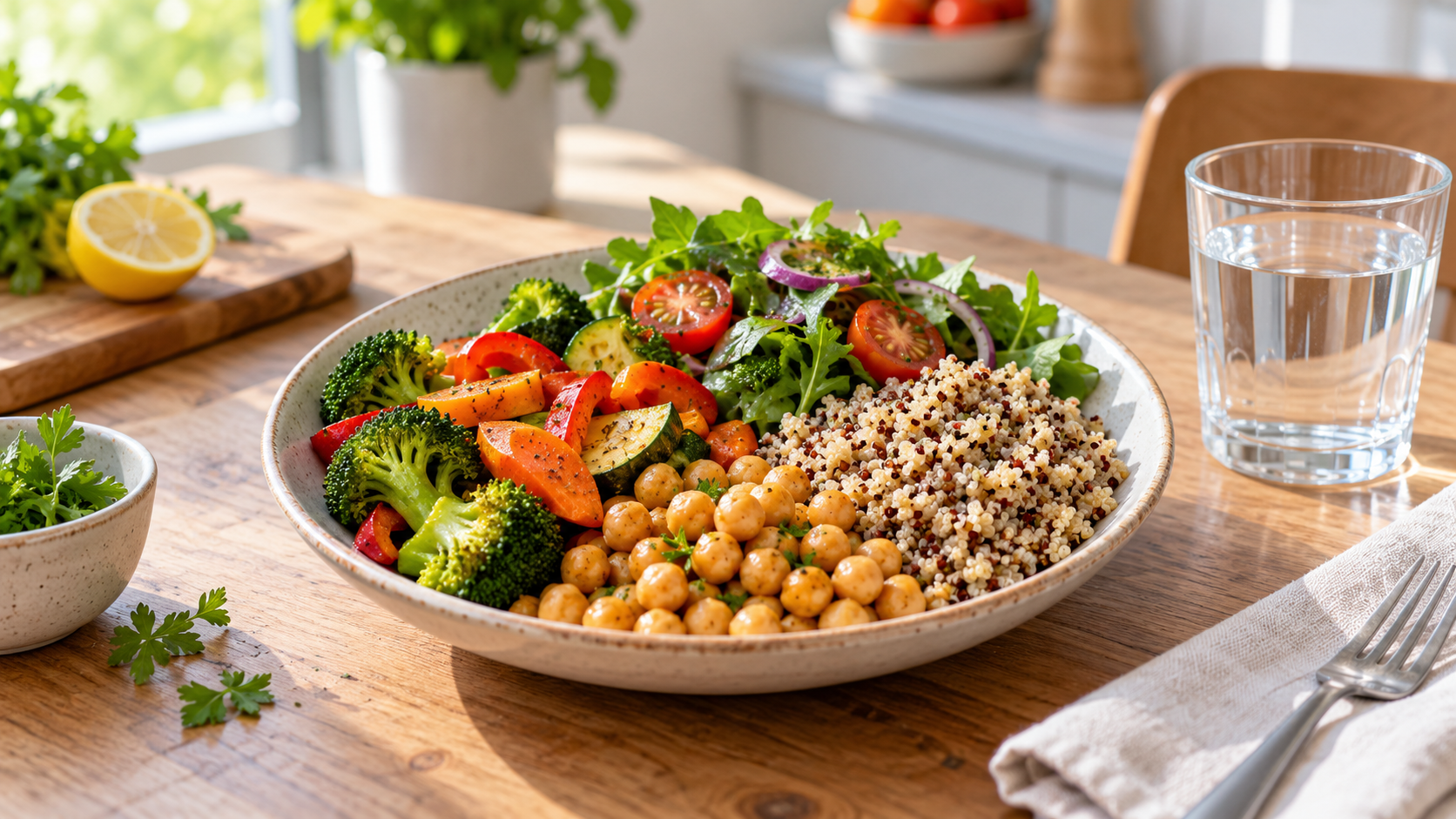 Assiette équilibrée de légumes et céréales complètes