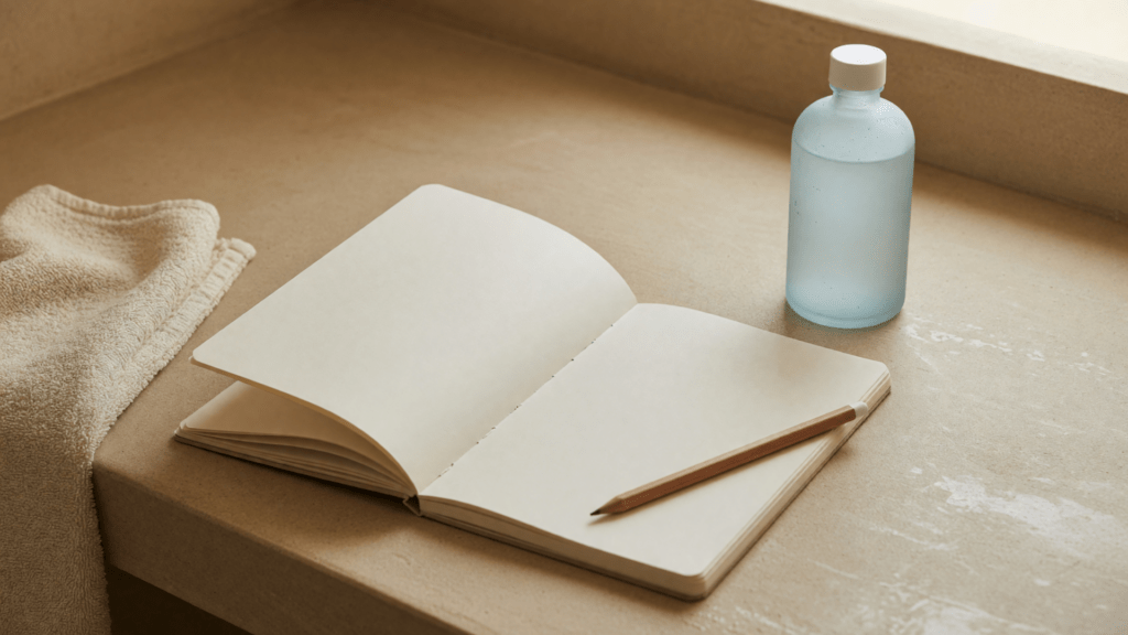 Un carnet ouvert aux pages vierges, un crayon et un flacon bleu pâle sans étiquette sur un plan beige, à côté d’une serviette.